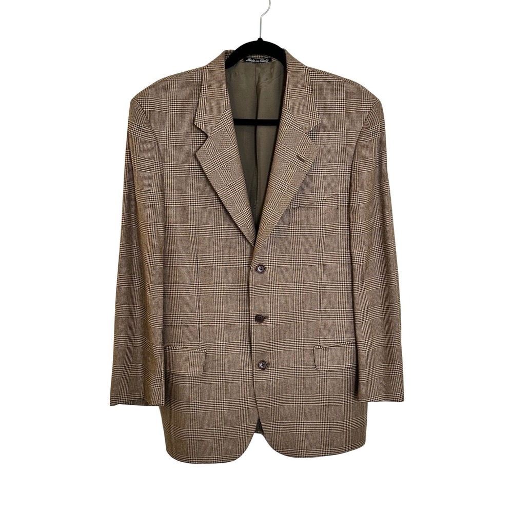 Vintage Valentino Uomo‎ Silk Wool Blend Blazer Size 40R Brown Glen Plaid Italy
